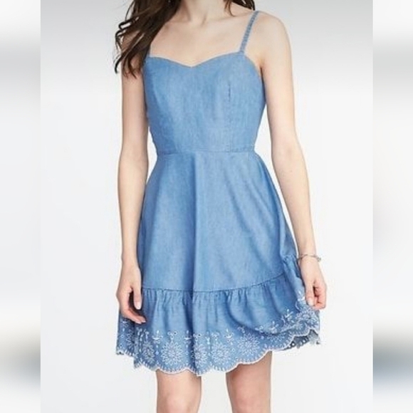 Old Navy Light blue Floral Eyelet Embroidered Trim Stretch Fit and Flare Dress - Picture 2 of 14